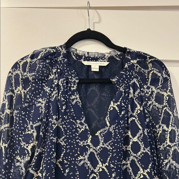 Diane Von Furstenberg Navy, White and Yellow Blouse, Size 10 - Picture 2 of 10